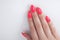 Women`s manicure, on a white background. Nail Polish red coral color.