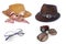 Women\'s and men\'s hats and Brown sunglasses on wihte