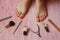 Women`s pedicure and foot care, photos in pink style