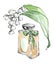 Women\\\'s perfume in a rectangular bottle with green polka dot bow with lily of the valley aroma