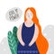 Women`s power, feminism, equality. Vector illustration with a red-haired girl.
