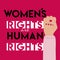 Women s rights are human rights poster with raised fist. Woman empowerment, girl power, fight for gender equality, feminism,