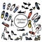 Women`s shoes collection: flats, pumps, heels, wedges, sandals, flatform, mules. Vector illustration from ink sketch.