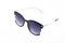 Women`s sunglasses with purple tint stand frontally isolated on a white background with a shadow.