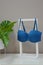 Women\\\'s swimsuit. A bright blue turquoise bra on a stand next to a green indoor flower. Beachwear