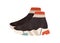 Women's trendy high-top sock-like knitted sneakers with platform sole. Side view of fashion sports footwear. Colored