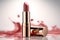 Women\\\'s velvet matte lipstick tube on white table. Gold packaging