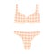 Women\\\'s vintage swimsuit: bikini top and bottom. Stylish women\\\'s beige swimwear. Retro plaid beachwear.