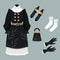 Women\\\'s wardrobe. Dress of a noble lady. Shoes, bag, black gloves, white socks. Victorian. Dress with lace and