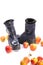 Women`s winter boots on high soles among ripe apples
