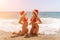 Women Santa hats ocean play. Seaside, beach daytime, enjoying beach fun. Two women in red swimsuits and Santa hats are