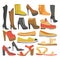 Women shoes or female footwear boots types vector flat isolated icons set