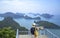 Women  shoulder backpack on Pha Jun Jaras Viewpoint at Angthong Islands , Suratthani in Thailand