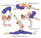 Women silhouette. Monkey yoga pose. Hanumanasana. Child s yoga pose. Balasana. Scorpion. Vrischikasana. Crane yoga pose