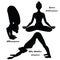Women silhouette. Yoga lotus pose. Padmasana. Adho mukha svanasana. Downward dog. Uttanasana, forward fold.