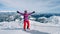 Women skier finding the best track. Skier looking down to the valley. Waiting for right moment. Best choice. Chopok, Low Tatras,