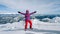 Women skier finding the best track. Skier looking down to the valley. Waiting for right moment. Best choice. Chopok, Low Tatras,