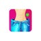 Women slim waist in big jeans - weight loss concept icon, bright colors. slim body in giant blue jeans, healthy
