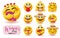 Women smiley characters vector set. Women`s day emoji collection with girl emoticon character holding female symbol for woman and