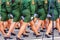 Women soldiers on Victory Day at the rehearsal of the parade on Kuibyshev Square on a spring sunny day