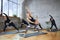 Women in sportswear practicing stretching.