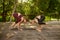 Women stands on hands, balance exercise, yoga