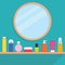 Women stuff creams, perfumes, skin care products on the shelf - vector flat style illustration