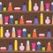 Women stuff creams, perfumes, skin care products on the shelf - vector seamless flat style pattern illustration