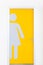 Women symbols on yellow public toilet entrance door.