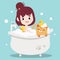 Women taking a Bath with a cat. Bathtub with foam bubbles inside and yellow rubber duck on the cute cat. Women taking a Bath with