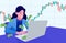 Women trading stock market on laptop, Candlestick graph buy and sell sign, Making money on the internet, vector illustration