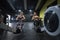 Women training rowing in gym with exercises machines and pull rope