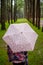 Women traveler with pink umbrella in jungle