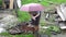 Women with umbrella light fire in barbecue under rain