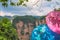 Women with umbrellas on the Heaven Pillar viewpoint