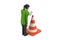 Women watching traffic cone