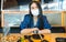 Women wear sanitary masks in restaurants. Women sit in front of the food at a Japanese restaurant serving New Normal, with