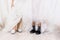Women Wearing Wedding Dresses And Slippers