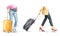 Women with wheeled suitcases walking. Watercolor  luggage illustration