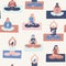 Women yoga class with interracial people doing breathing exercises seamless pattern in vector.