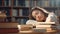 Women young Students in casual suits reading and sleeping on the wooden table with various books in the library, Back to school