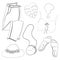 Womens clothing, footwear and accessories. Layout of objects. Line art. Doodles.