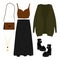 Womens clothing, footwear and accessories. Layout of objects. A set of icons, stickers. Minimalism. Contemporary casual style.