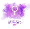 Womens day background with the female symbol on a purple watercolor splatter