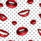 Womens painted lips seamless pattern. Red kiss with dazzling white teeth female romantic makeup.