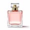 Womens pink perfume bottle isolated on white background, elegant fragrance and luxury floral scent, generative ai