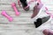 Womens sport footwear sneakers and equipment pink dumbbells,