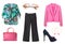 Womens Summer fashion. Collage set of light woman clothes isolat