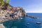 Wonderful aerial view of the famous Cinque Terre seaside village of Manarola, Liguria, Italy, on a sunny summer day