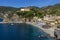 Wonderful aerial view of the famous Cinque Terre seaside village of Monterosso al Mare, Liguria, Italy, on a sunny summer day